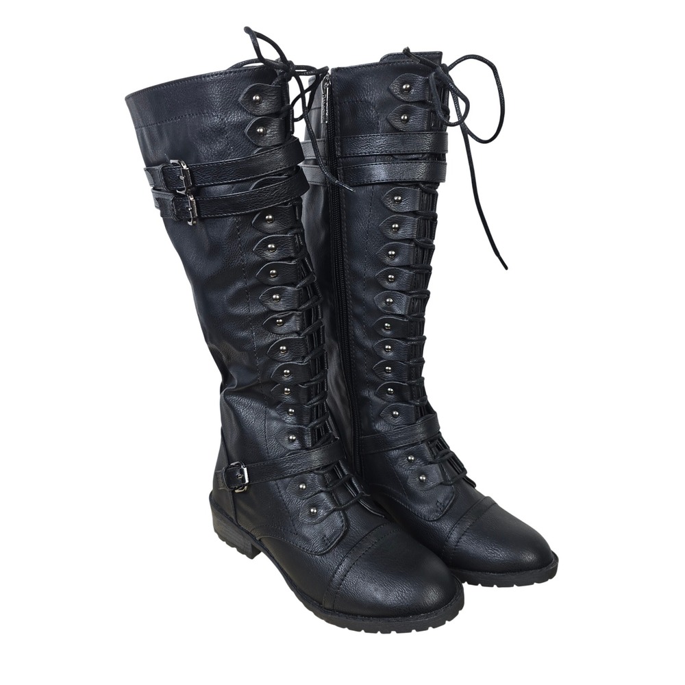 Illude Timberly Black Lace Up Triple Buckle Knee High Combat Boots Womens Size 6